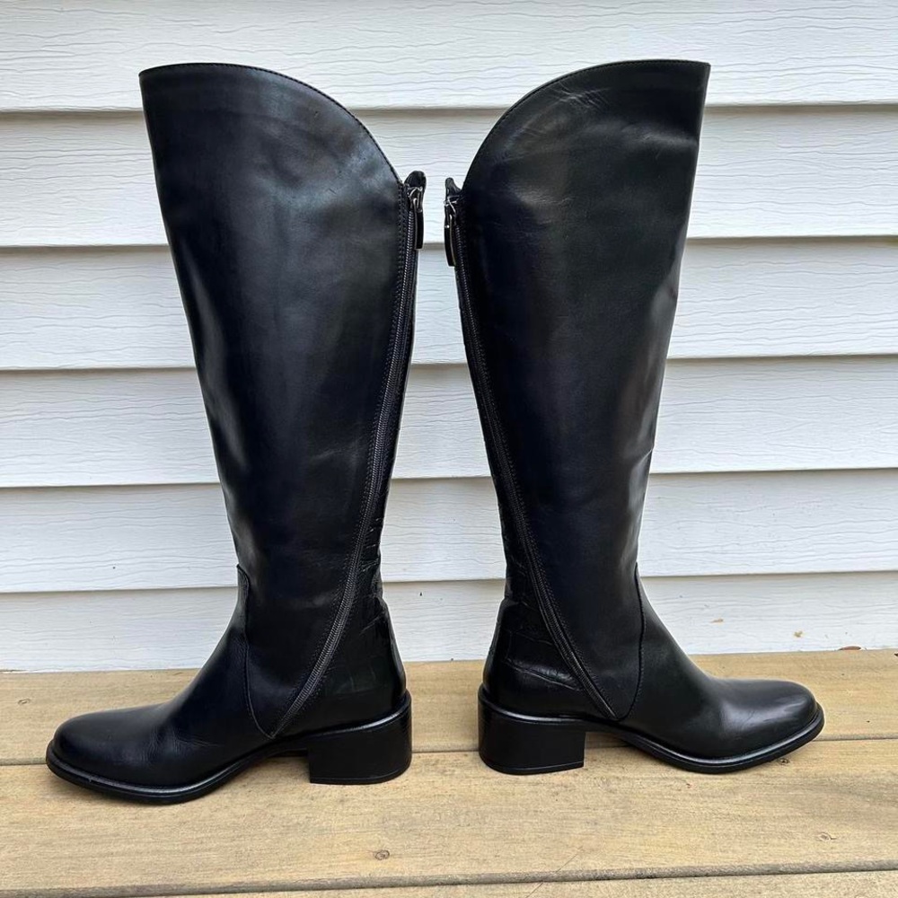 Black Emanuele Crasto Leather Knee High Boots Riding Boots w/ Dual Zipper - Picture 7 of 8